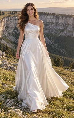 Vestido de novia sencillo de satén con un solo hombro, corte en A, sin mangas, fruncido y cola corta.