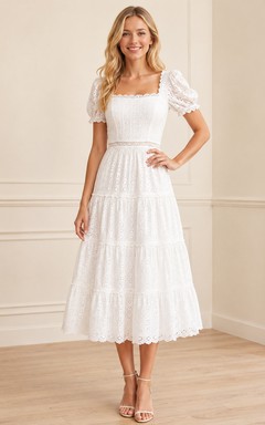 Eyelet Morning White A-Line Tea-Length Square Short-Sleeve Lace Vintage Homecoming Dress