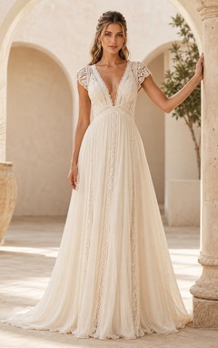 Boho Deep V-Neck Lace Cap Sleeve Chiffon A-Line Wedding Dress