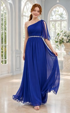 Royal Blue One-Shoulder Sleeveless Chiffon A-Line Floor-length Draped Prom Evening Dress
