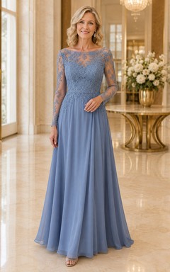 MOB-Kleid, stahlblau, Chiffon, Spitze, A-Linie, lange Ärmel, U-Boot-Ausschnitt, bodenlang