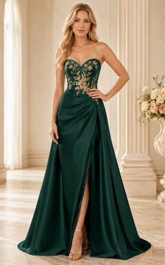 Dark Green Gold Floral Applique Strapless Sweetheart Satin A-Line Sweep Train Evening Gown