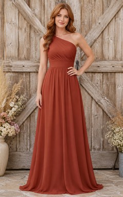 Terracotta Chiffon A-Line One-Shoulder Sleeveless Pleated Zip Back Floor-Length Bridesmaid Dress