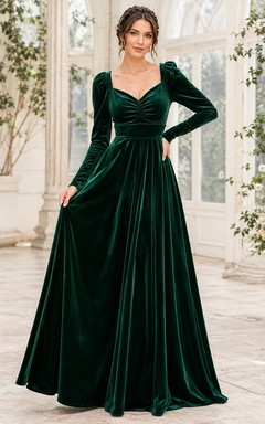 Vestido formal elegante de terciopelo verde oscuro con escote cuadrado y manga larga, corte en A.