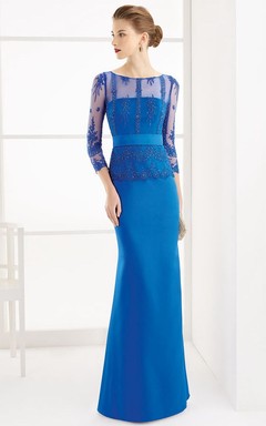 Sheath Appliqued 3-4-Sleeve Floor-Length Scoop-Neck Satin Prom Dress With Beading