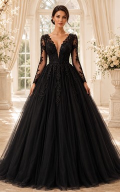Black Romantic Luxury V-Neck Long-Sleeve Lace-Tulle Tiered Ball-Gown Floor-Length Prom Dress