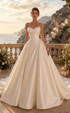 Robe de bal princesse bustier en satin à décolleté cœur et dos nu plongeant, idéale pour un mariage à destination