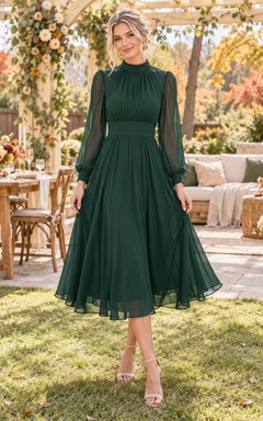 Vestido de invitada modesto de gasa verde oscuro con cuello alto y manga larga