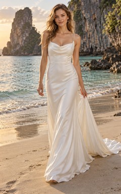 Einfaches Etuikleid aus Satin mit Wasserfallausschnitt, Raffungen und Spaghettiträgern für die Strandhochzeit