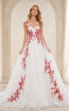 Brautkleid aus rotem, floralem Spitzenstoff, V-Ausschnitt, kurzen Ärmeln, Tüll, A-Linie und Kapellenschleppe