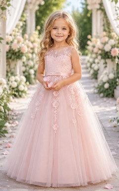Blumenmädchenkleid aus rosafarbenem Tüll, A-Linie, Rundhalsausschnitt, Teelänge, florale Applikationen