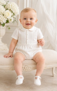 White Pintuck Button Bib Short Sleeve Infant Baptism Romper for Baby Boy