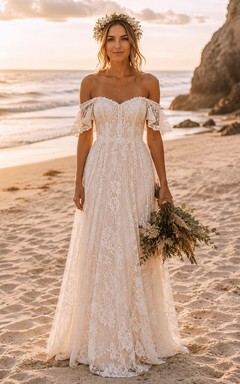 Boho Beach Summer A-Line Wedding Dress Off Shoulder Sweetheart Tulle Lace Floor Length Sweep Train Ivory