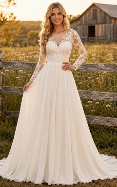 Vestido de novia de corte A con escote en V, mangas largas, encaje floral, botones, espalda en V profunda y cola de capilla.