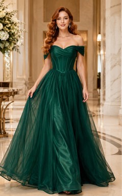 Emerald Off Shoulder Satin Pleated A-Line Formal Evening Gown