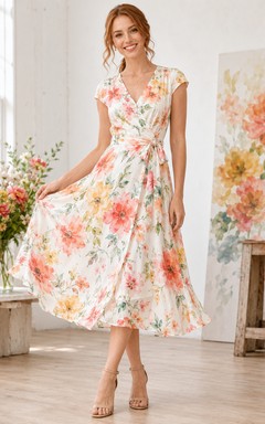 Vestido midi cruzado sin mangas con estampado floral acuarela coral para invitadas de verano