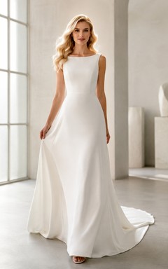 Vestido de novia sencillo y modesto con escote barco, corte A, espalda baja y cola.