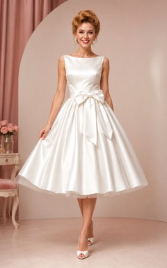 White Satin Square Neck Bow Tea Dress Classic
