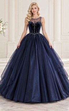 Robe de bal en tulle bleu marine à col rond illusion et corsage ajusté orné de perles, robe de bal bleu marine en tulle, col