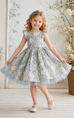Blaues Blumenmädchenkleid mit botanischem Muster, kurzen Ärmeln, Tüllrock in A-Linie, natürlicher Taille und romantischem, wadenlangem Saum