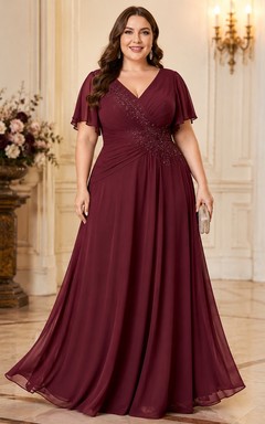 Robe de soirée grande taille en dentelle, coupe trapèze, col en V, manches courtes et fronces en dentelle, longueur au sol