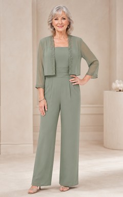 Mother Sage Chiffon Jumpsuit with Scoop Neck Cropped Jacket and Wide Leg Pants