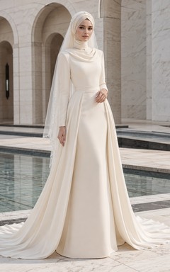 Schlichtes Brautkleid mit Hijab, hohem Kragen und Satincape in A-Linie