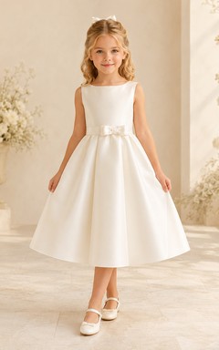 Flower Girl Dress Champagne Satin A-Line Jewel Neck Tea Length