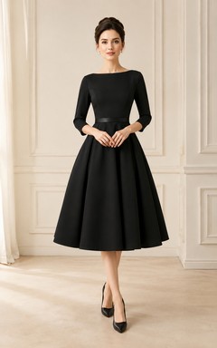 Vestido de cóctel negro de satén con corte en A, manga corta y estilo barco, de estilo vintage.