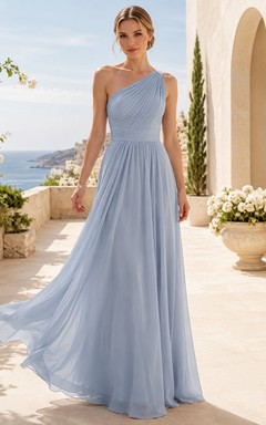 Robe de mariée bleu acier asymétrique en mousseline plissée, coupe trapèze, à une épaule