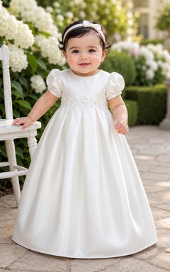 Taufkleid mit Rundhalsausschnitt, A-Linie, Satin, Spitze, kurzen Ärmeln und glattem Rock