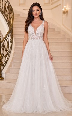 White Deep V Neck Lace Tulle A Line Chapel Train Prom Dress