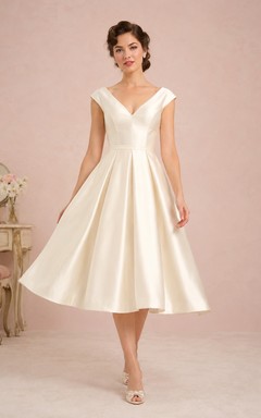 Robe de mariée vintage en satin à manches courtes et col en V, longueur thé