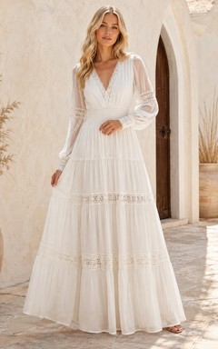 Romantic Bohemian Chiffon Lace V-Neck Long Sleeve A-Line Floor-Length Wedding Dress