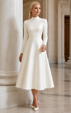 Robe de mariée minimaliste et pudique en satin, coupe trapèze, manches longues, col montant, longueur thé, idéale pour une cérémonie civile.