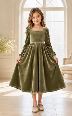 Flower Girl Dress A-Line Dark Green Velvet Long Sleeve Holiday Formal