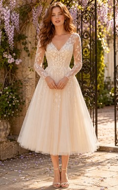 Blush V Neck Lace Long Sleeve Tulle Tea Length Wedding Dress