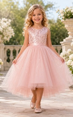 Blush Sequined Tulle Sleeveless A-Line Flower Girl Party Tea-Length Bow Dress