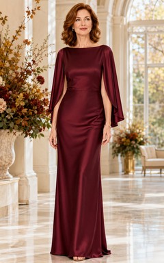 Burgunderrotes, modernes, bodenlanges Etuikleid aus Satin mit U-Boot-Ausschnitt, langen, geschlitzten Cape-Ärmeln und Herbst-Fassadenkleid für die Mutter des Bräutigams