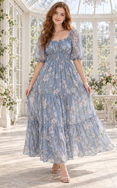 Vestido de invitada azul cielo con estampado floral, corte en A, escote cuadrado y mangas abullonadas, largo hasta la rodilla.
