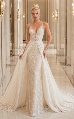 Elegant Lace Tulle Deep V Sleeveless Mermaid Chapel Train Removable Overskirt Deep-V Back Wedding Dress