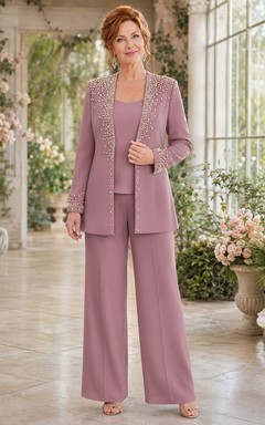 Vintage-Mauve-Luxus-Hosenanzug mit langem Blazer, Perlenrevers und weitem Bein, bodenlang, perfekt für die Mutter der Braut