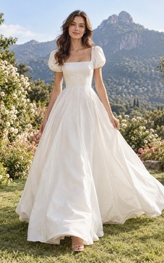 Einfaches Brautkleid aus Satin mit quadratischem Ausschnitt, kurzen Puffärmeln und A-Linien-Schnitt
