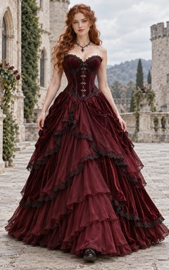 Burgundy Gothic Strapless Sweetheart Lace Trim Corset Ball Gown