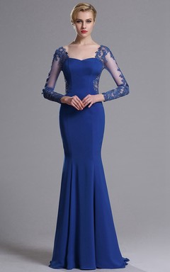 Meerjungfrauen-Kleid aus Jersey mit bodenlangem, herzförmigem Ausschnitt, langen Ärmeln und Spitze sowie Reißverschluss