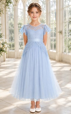 Blumenmädchenkleid, himmelblau, aus Spitze und Tüll, A-Linie, Rundhalsausschnitt, Teelänge