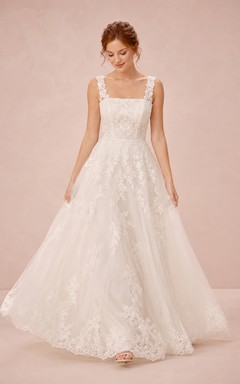 Brautkleid in A-Linie mit eckigem Ausschnitt und Spitzenträgern