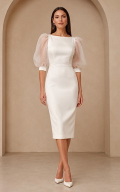 White Bateau Puff Sleeve Satin Pencil Tea-Length Modern Cocktail Dress
