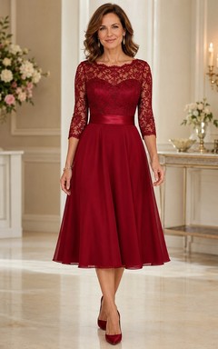 Burgundy Anniversary Lace Jewel Neck 3/4 Sleeve Satin A-line Tea-length Formal Dress