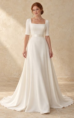 Simple Square Neck Half Sleeve A-Line Bridal Wedding Dress